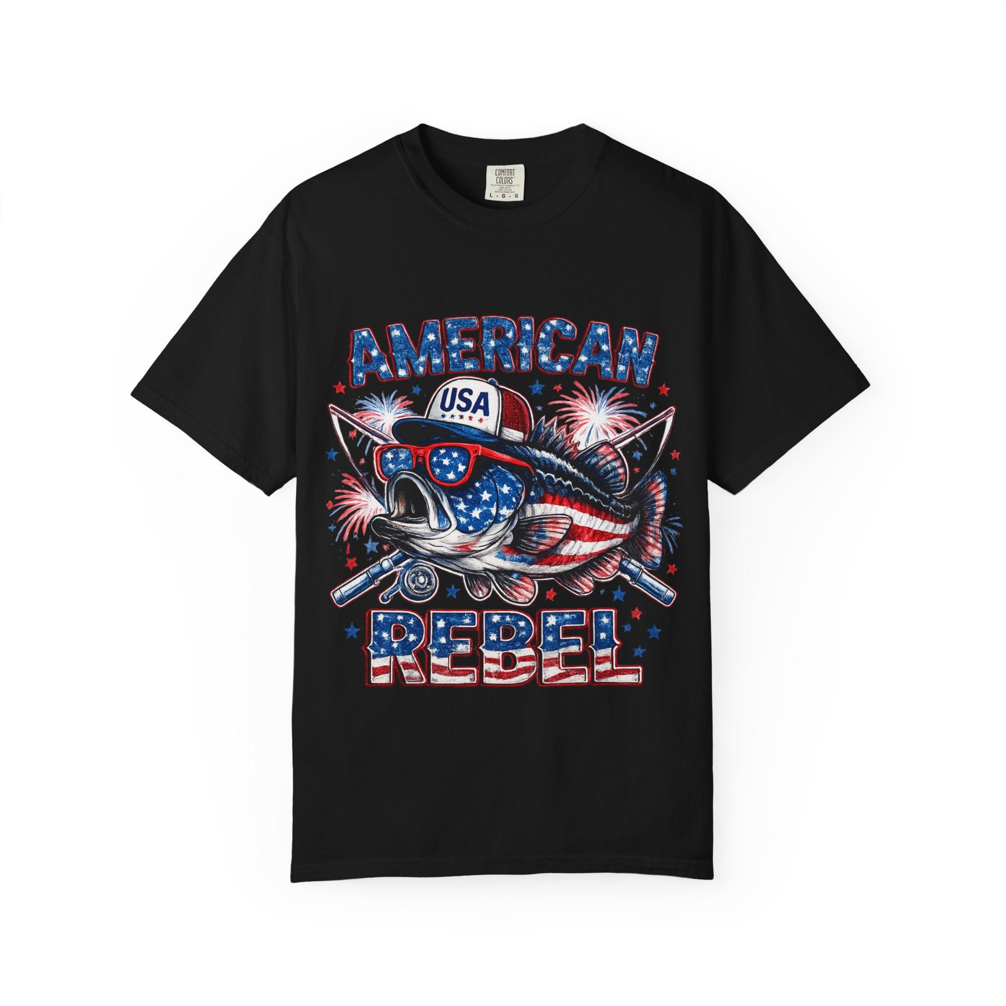 American Rebel Shark Graphic T-Shirt | USA Flag Sunglasses, Fireworks