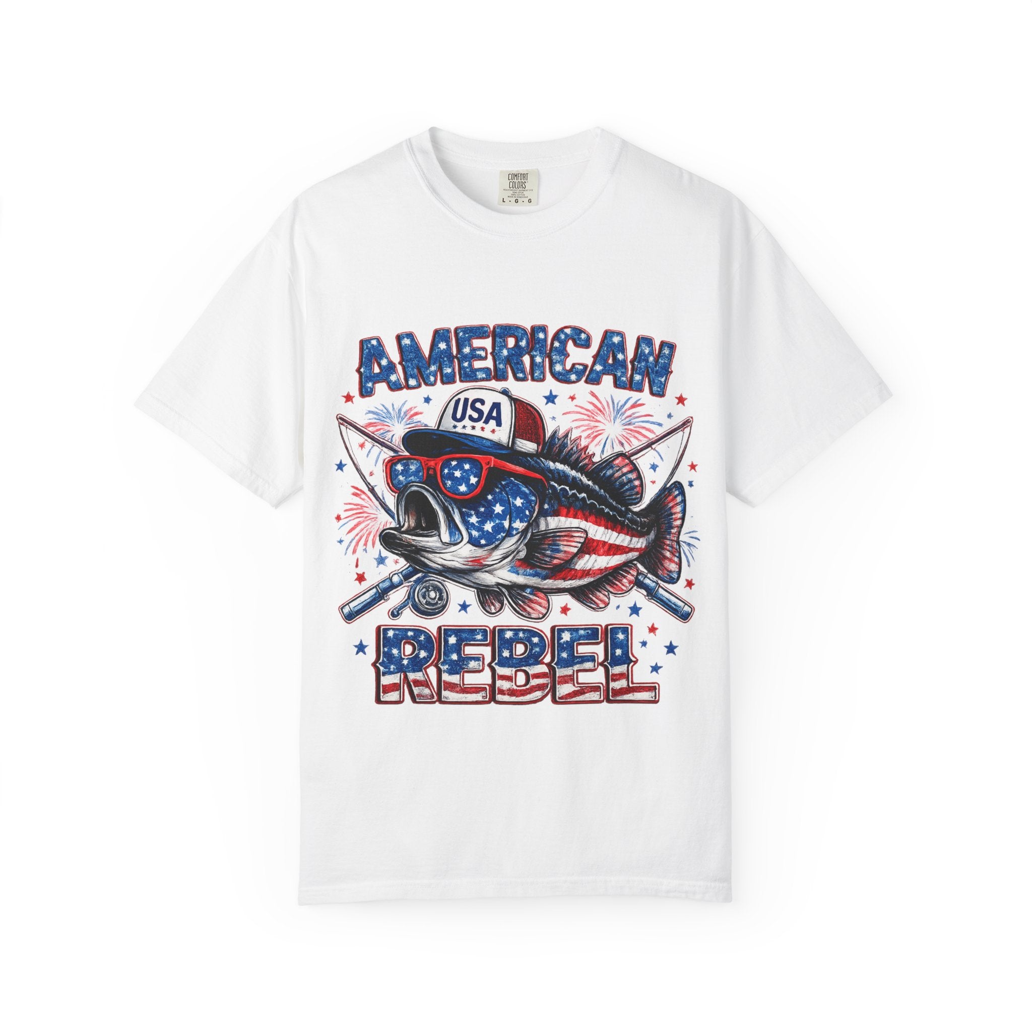 American Rebel Shark Graphic T-Shirt | USA Flag Sunglasses, Fireworks