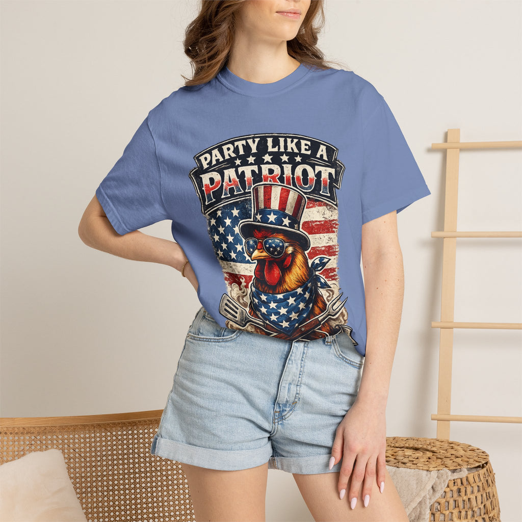 Party Like a Patriot rooster Born to Grill T-Shirt | American BBQ flag