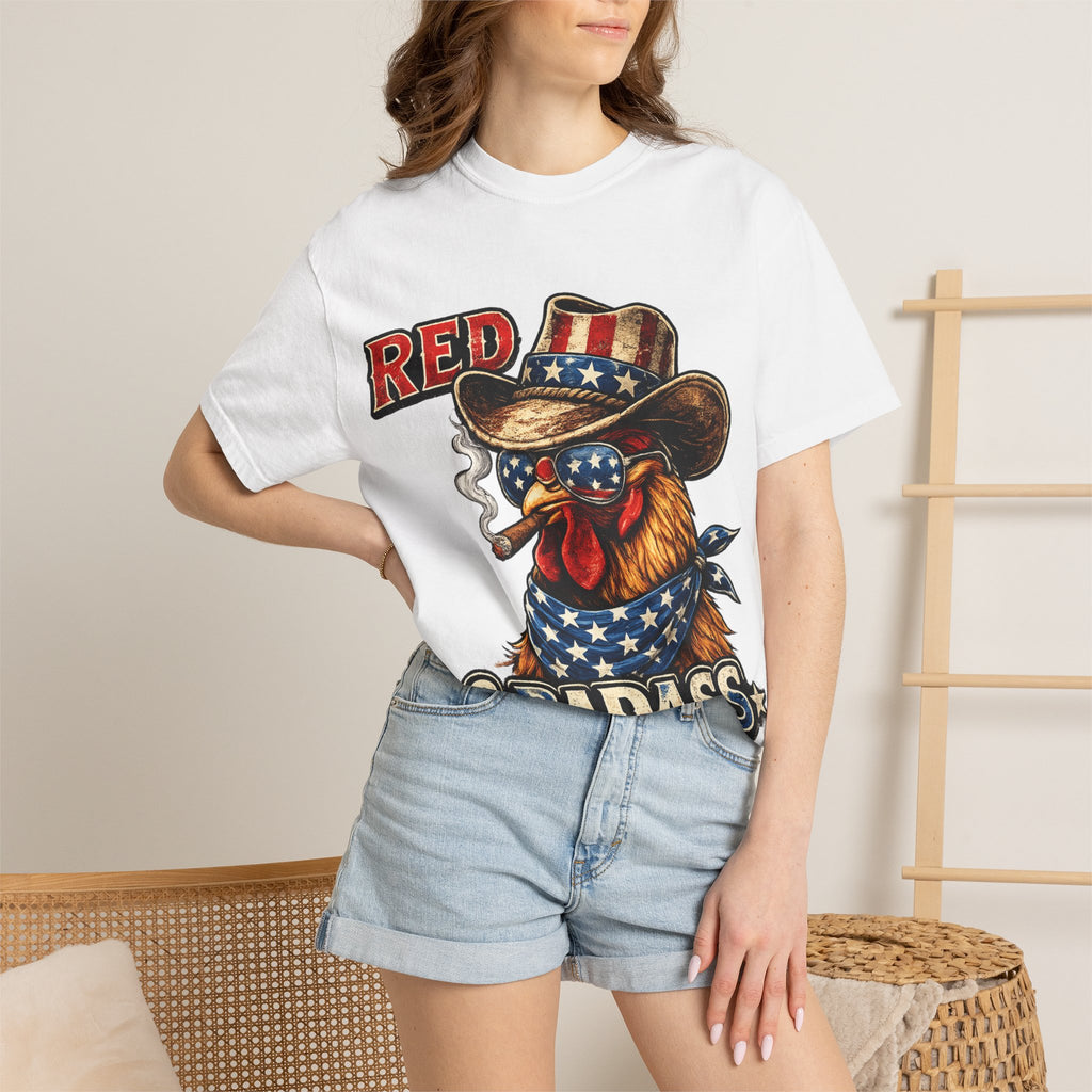 Red & Badass Rooster T-Shirt | Patriotic Cowboy Chicken Graphic