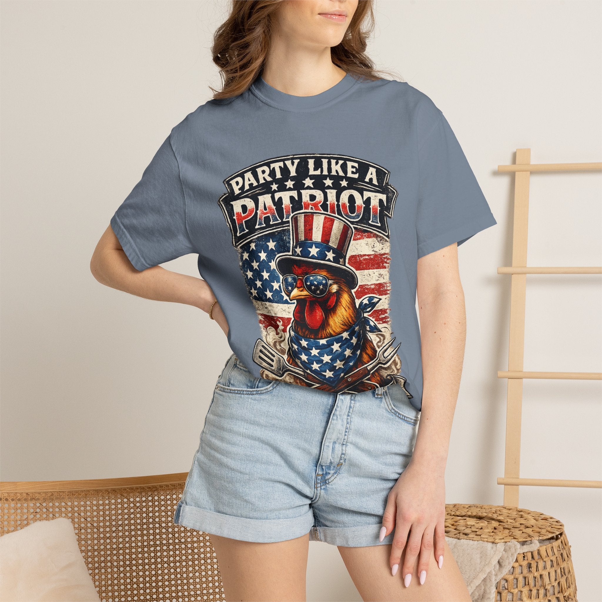Party Like a Patriot rooster Born to Grill T-Shirt | American BBQ flag