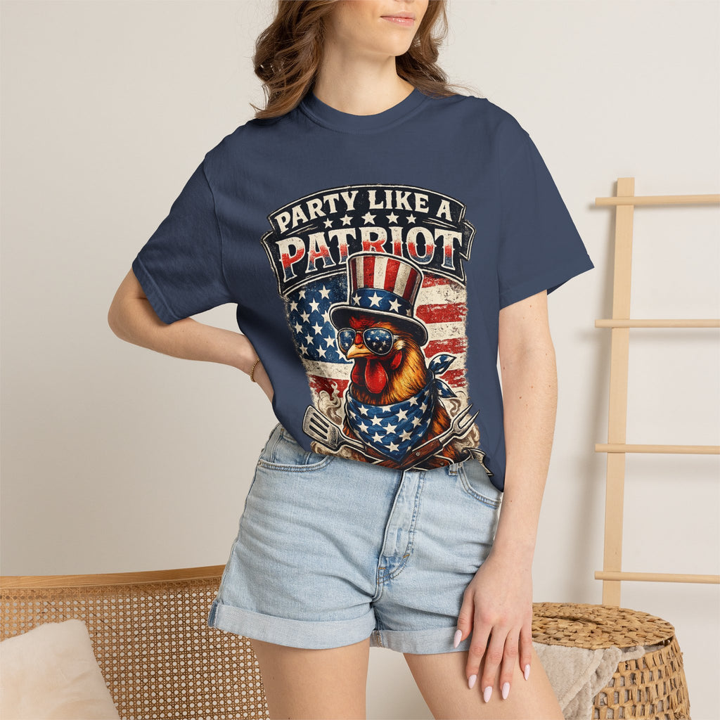 Party Like a Patriot rooster Born to Grill T-Shirt | American BBQ flag