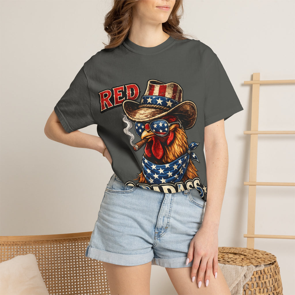 Red & Badass Rooster T-Shirt | Patriotic Cowboy Chicken Graphic