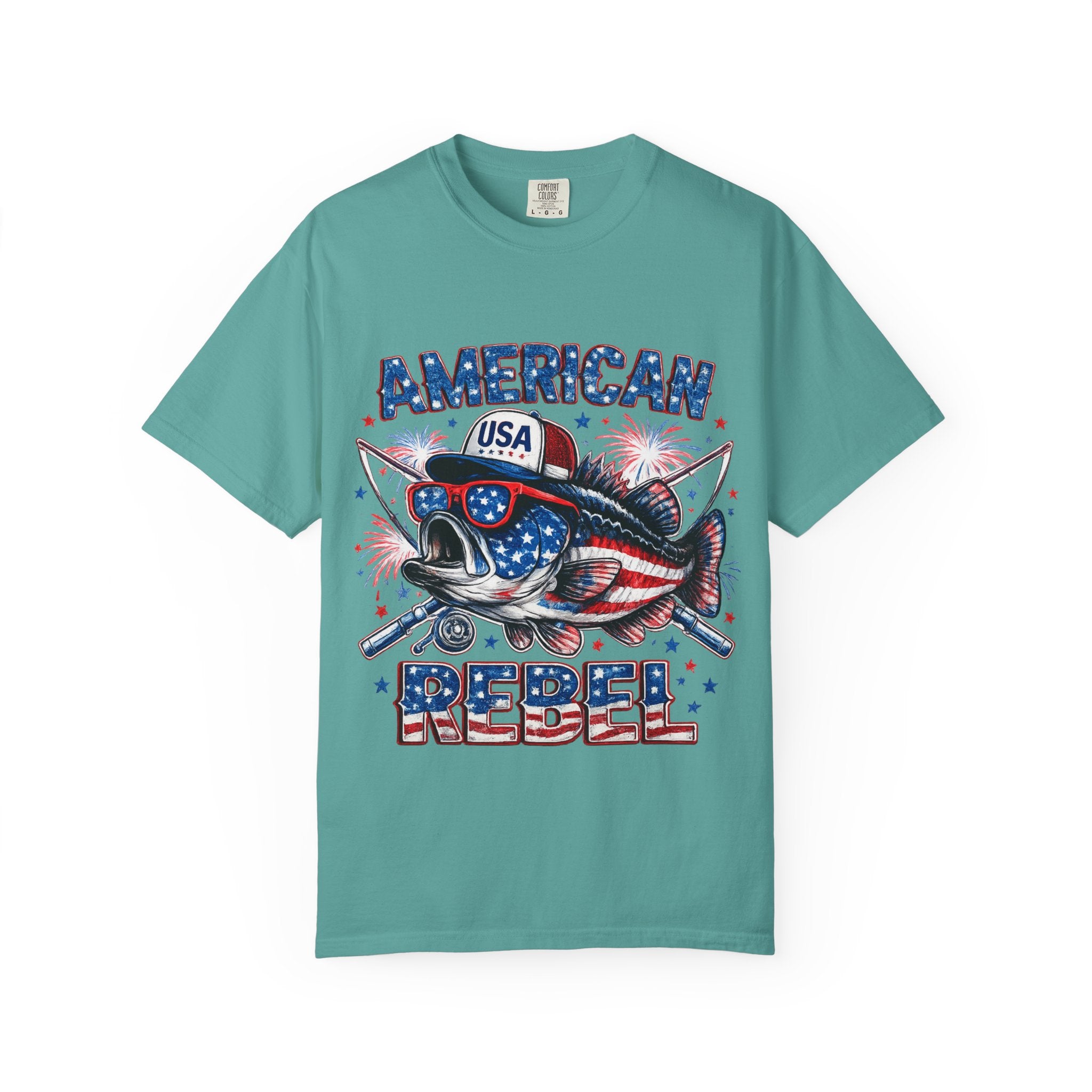 American Rebel Shark Graphic T-Shirt | USA Flag Sunglasses, Fireworks