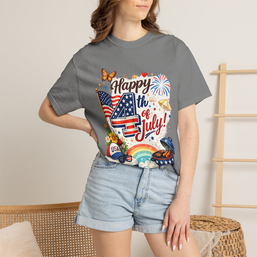 Happy 4th of July BBQ T-Shirt | USA Flag Fireworks Summer