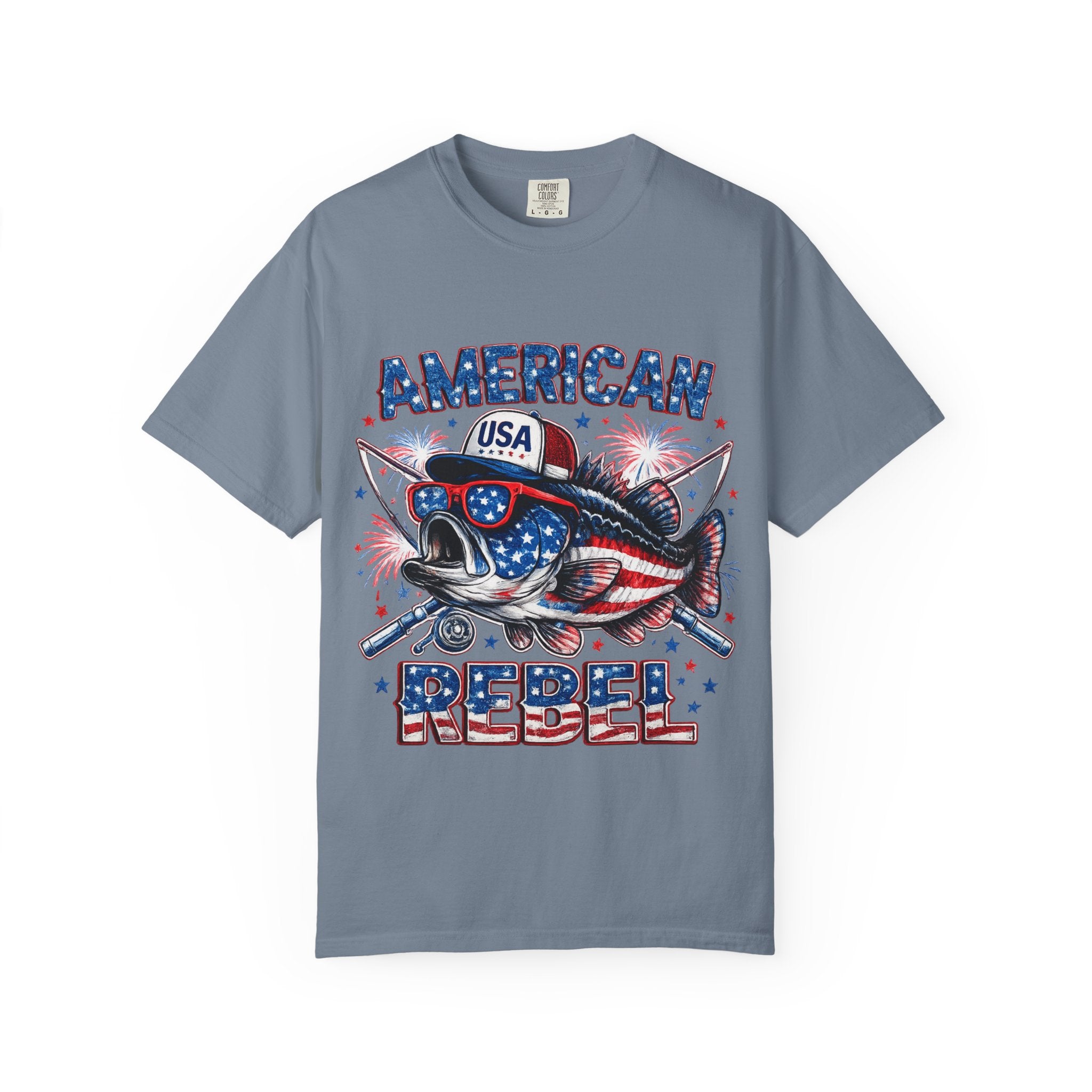 American Rebel Shark Graphic T-Shirt | USA Flag Sunglasses, Fireworks