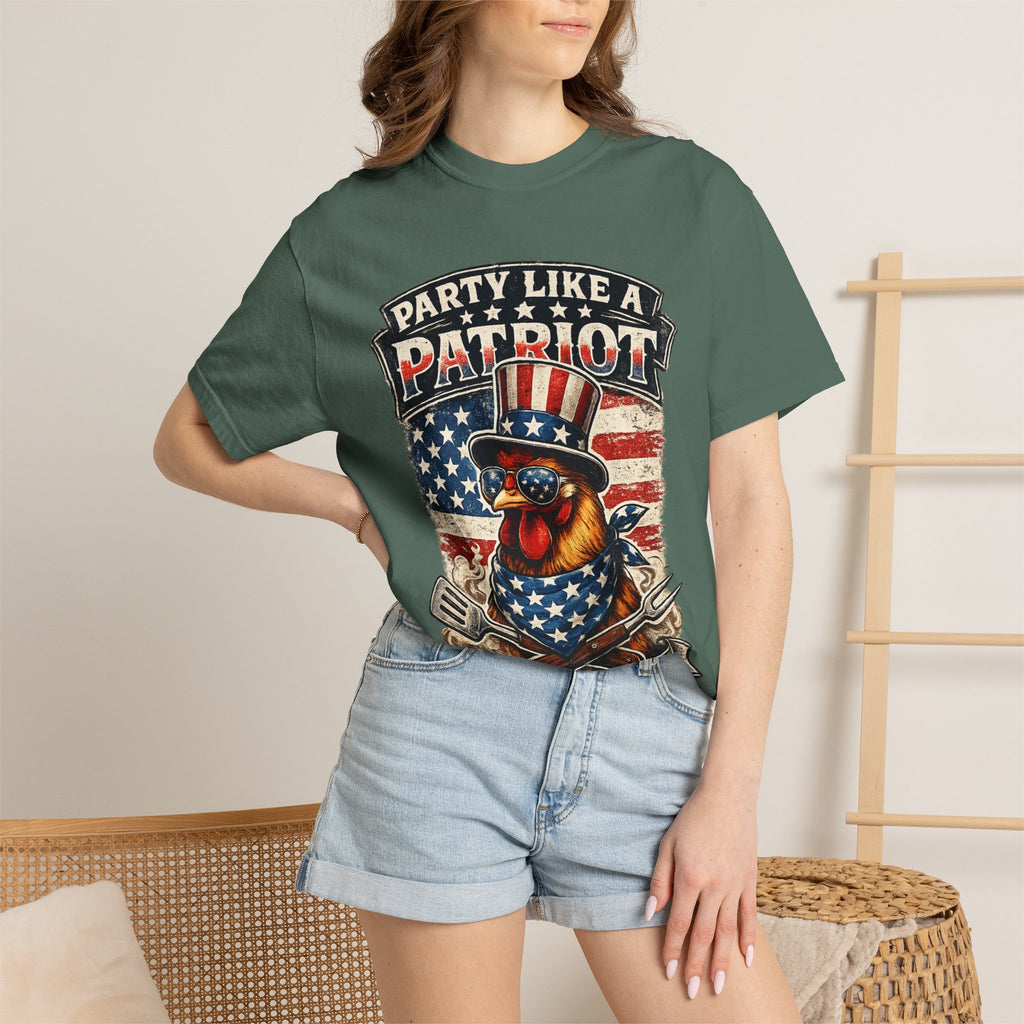Party Like a Patriot rooster Born to Grill T-Shirt | American BBQ flag