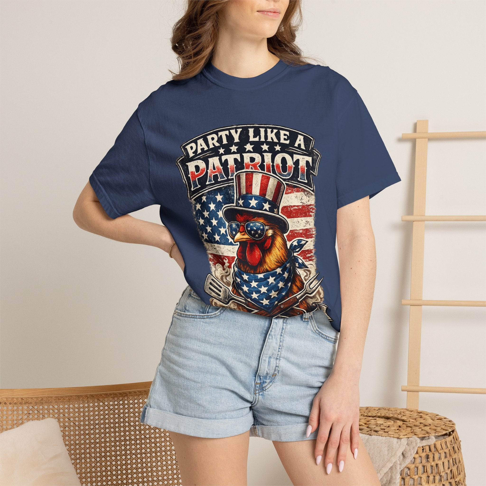 Party Like a Patriot rooster Born to Grill T-Shirt | American BBQ flag