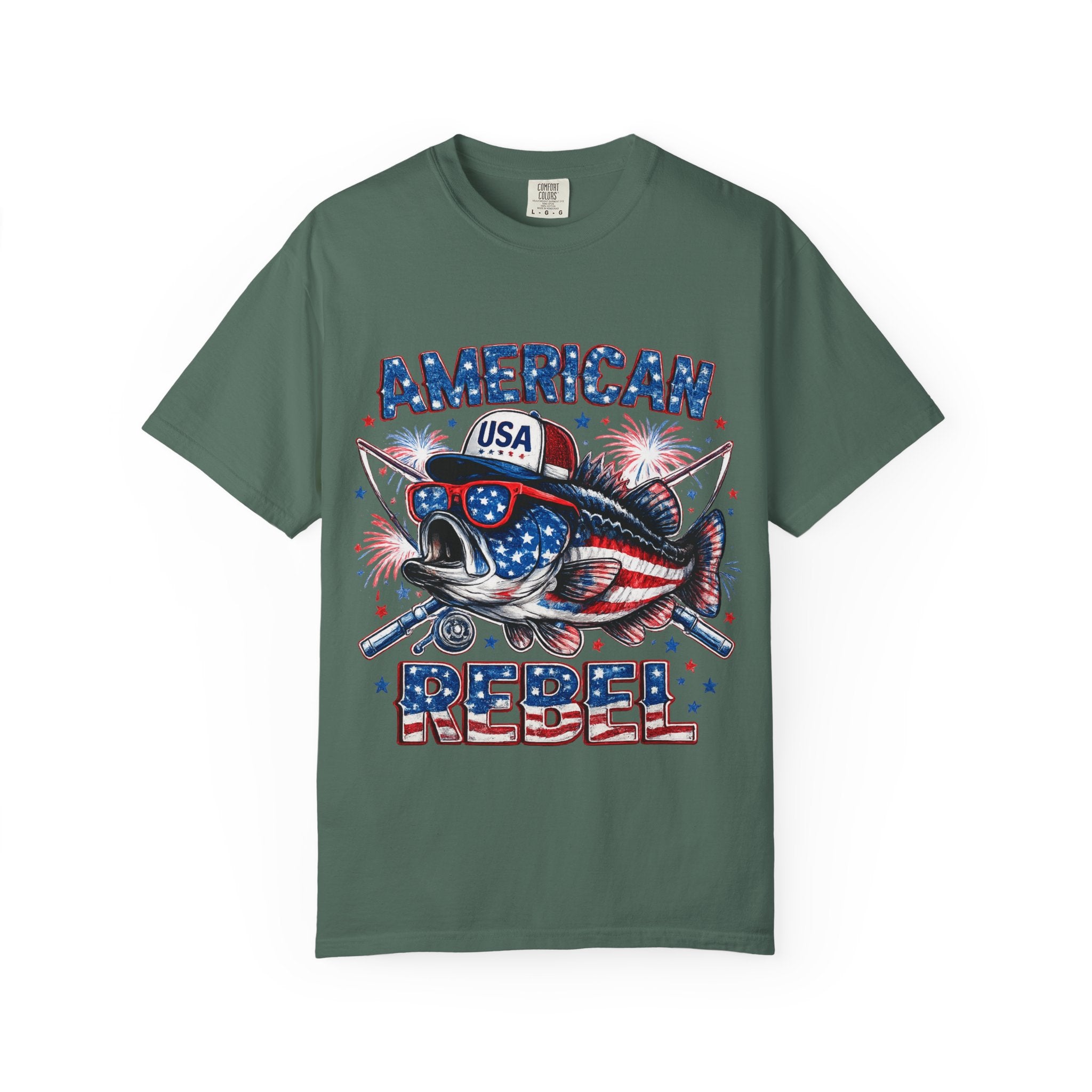 American Rebel Shark Graphic T-Shirt | USA Flag Sunglasses, Fireworks