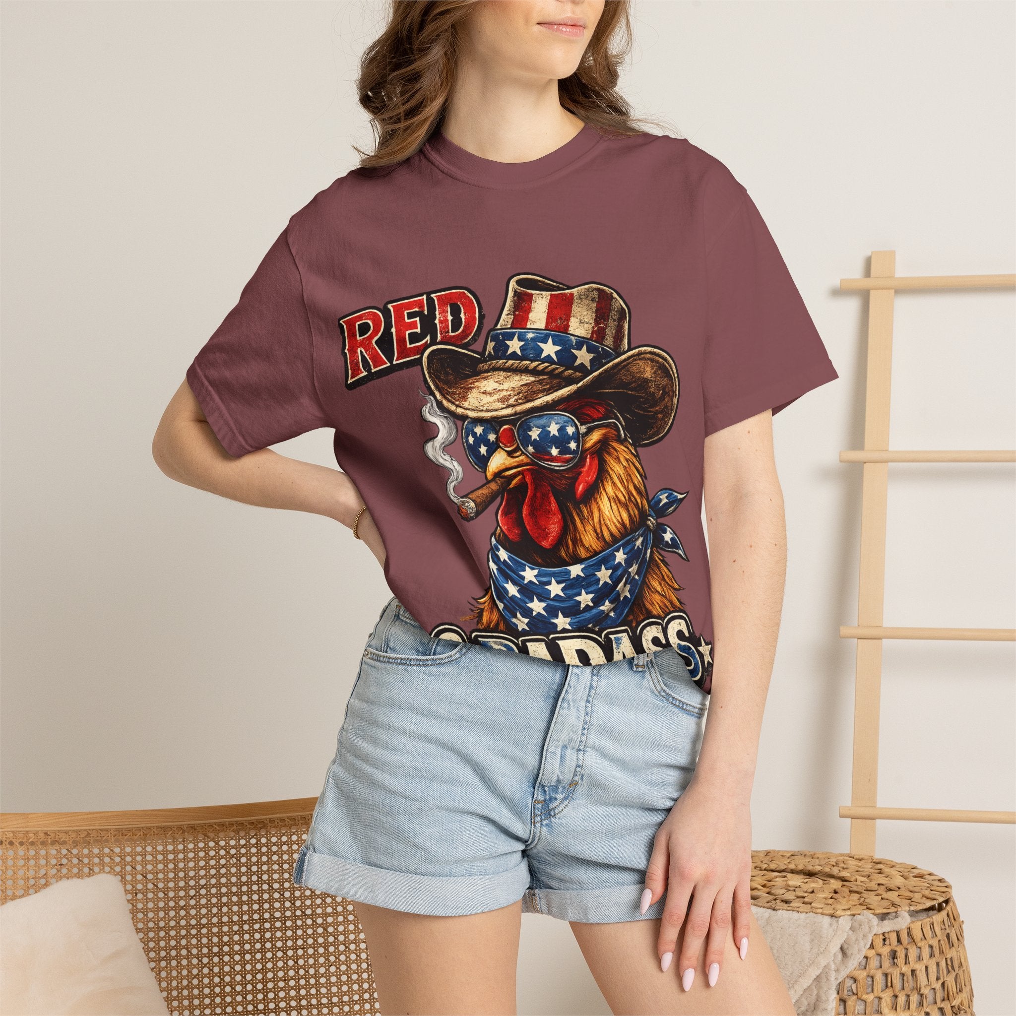 Red & Badass Rooster T-Shirt | Patriotic Cowboy Chicken Graphic