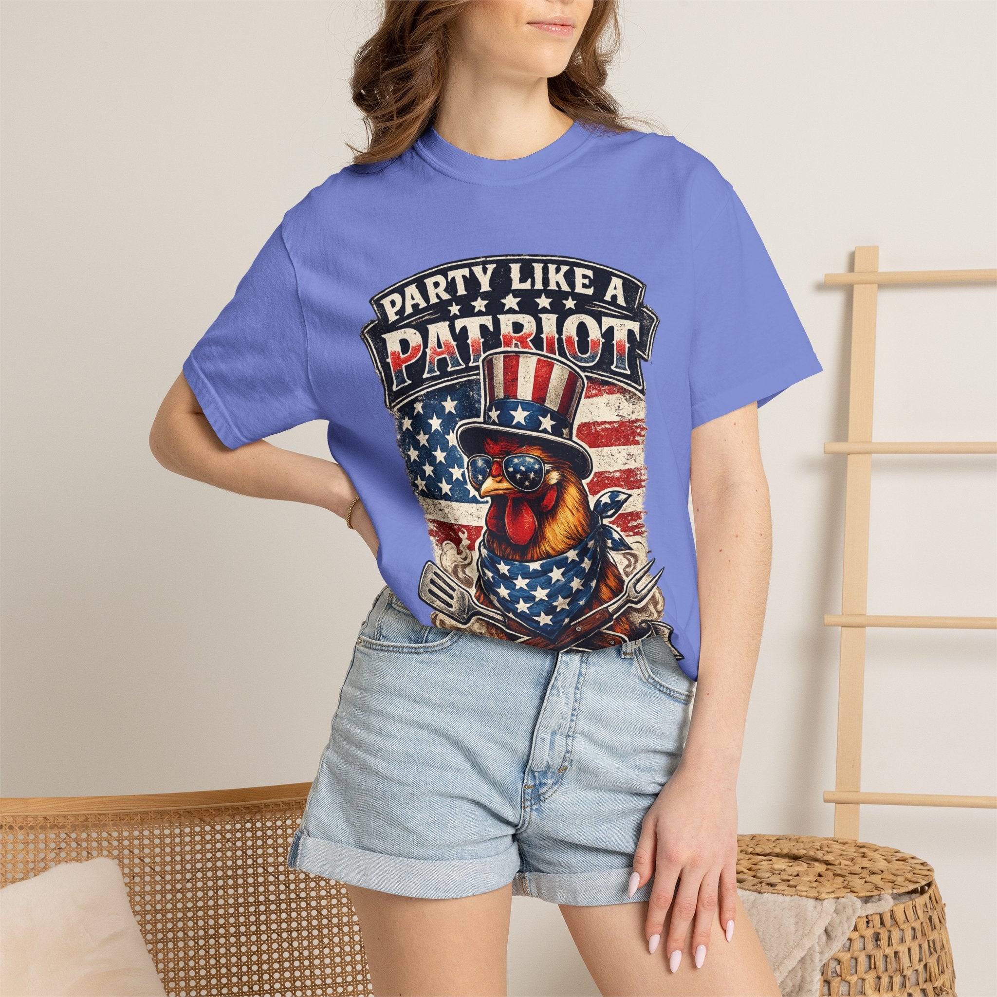Party Like a Patriot rooster Born to Grill T-Shirt | American BBQ flag