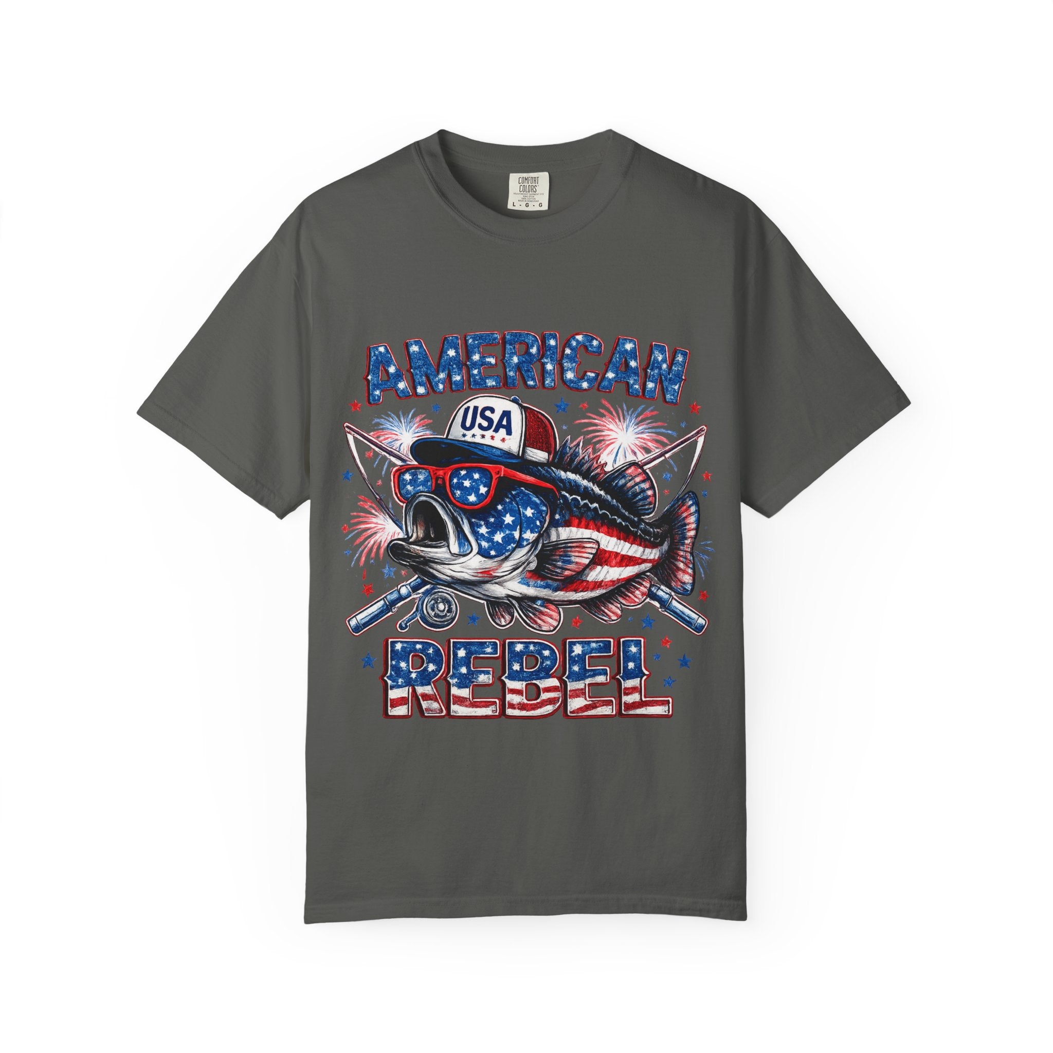 American Rebel Shark Graphic T-Shirt | USA Flag Sunglasses, Fireworks