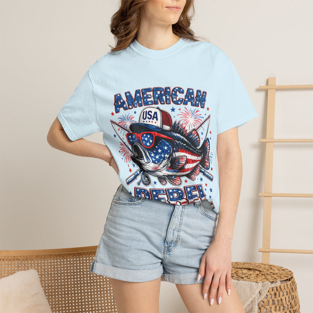 American Rebel Shark Graphic T-Shirt | USA Flag Sunglasses, Fireworks