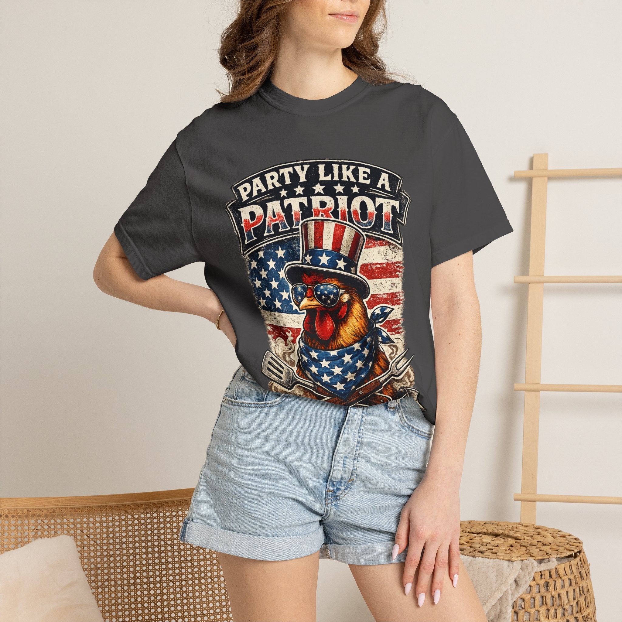 Party Like a Patriot rooster Born to Grill T-Shirt | American BBQ flag
