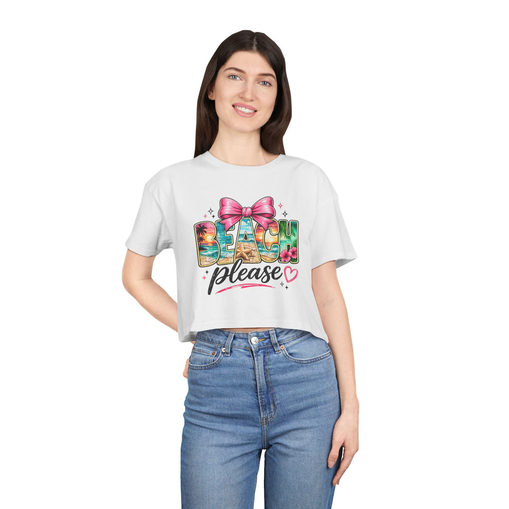 Beach Please graphic Crop Tee | tropical letters, pink bow