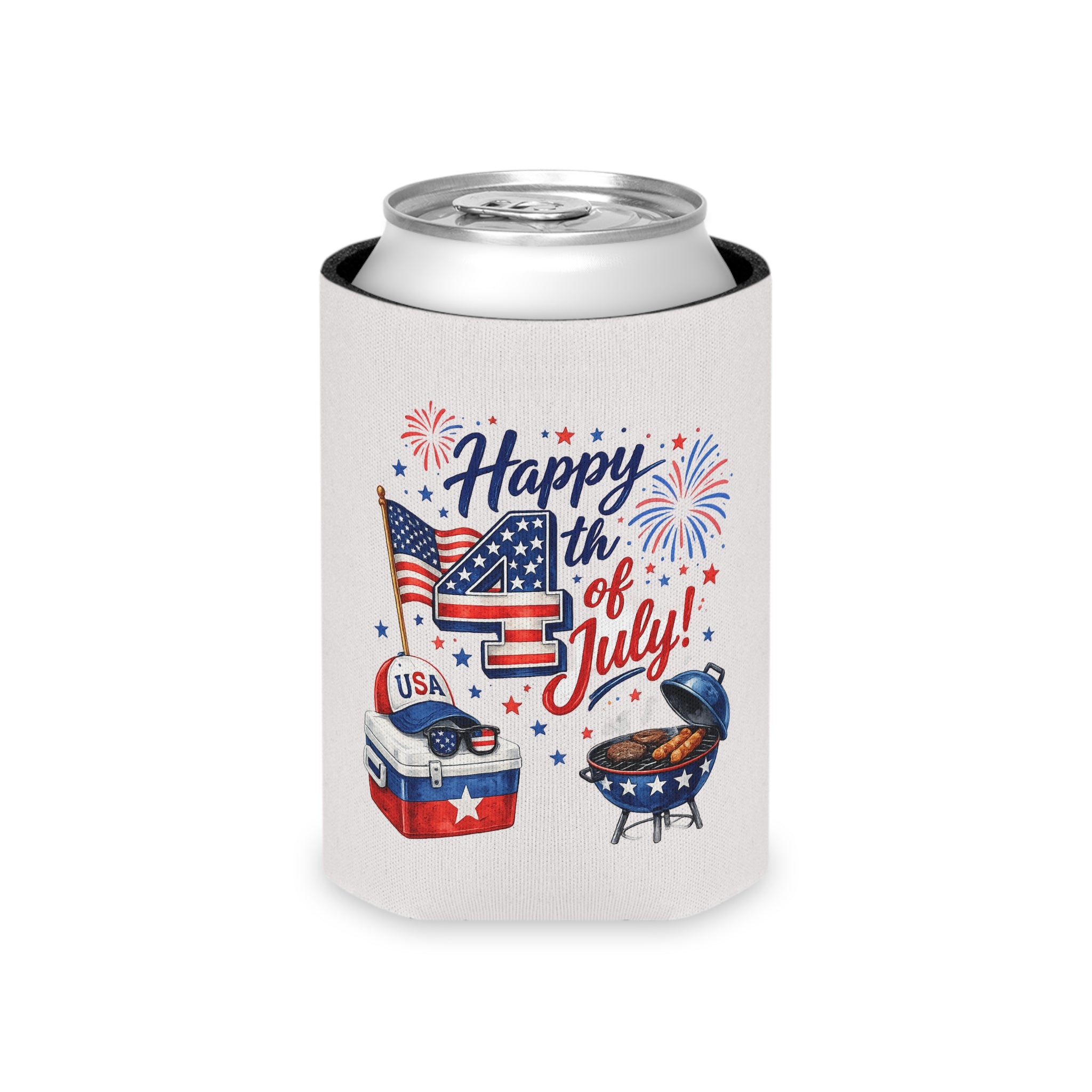 Happy 4th of July Can Cooler | patriotic flag, BBQ, fireworks