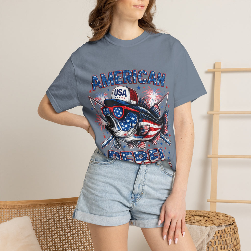 American Rebel Shark Graphic T-Shirt | USA Flag Sunglasses, Fireworks