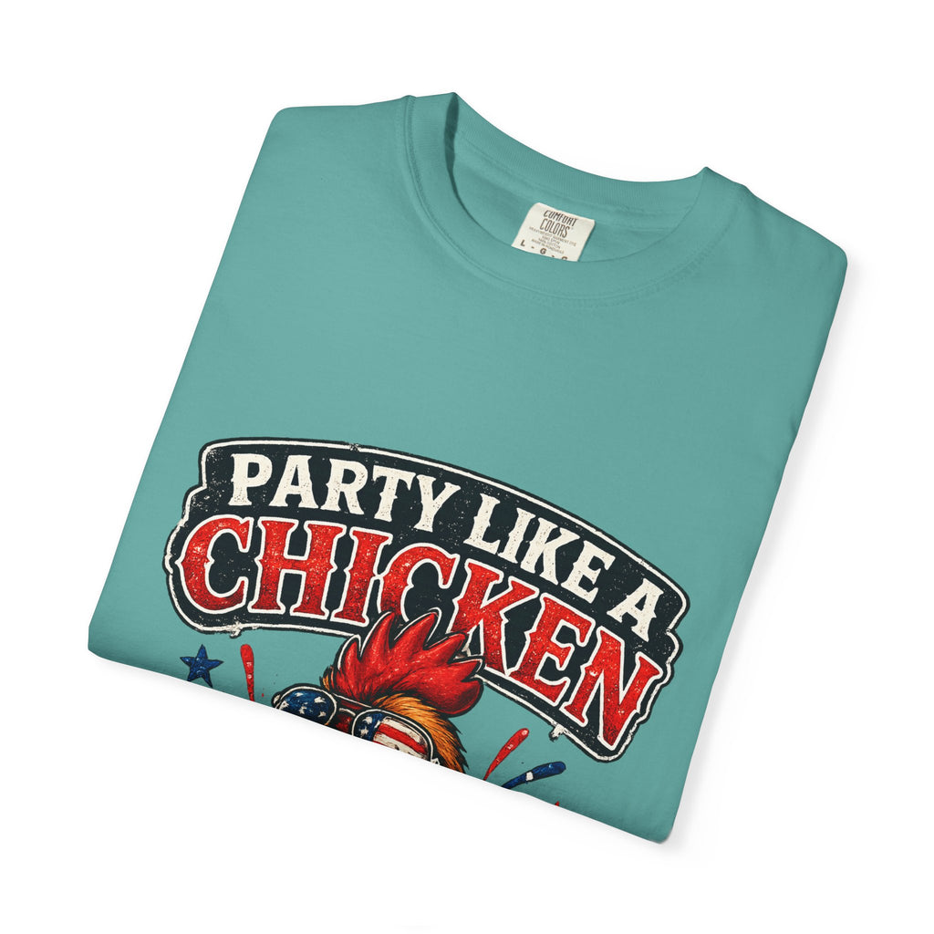 Party Like a Chicken T-shirt | Rooster Drinking Beer, American Flag Bandana, Patriotic Humor