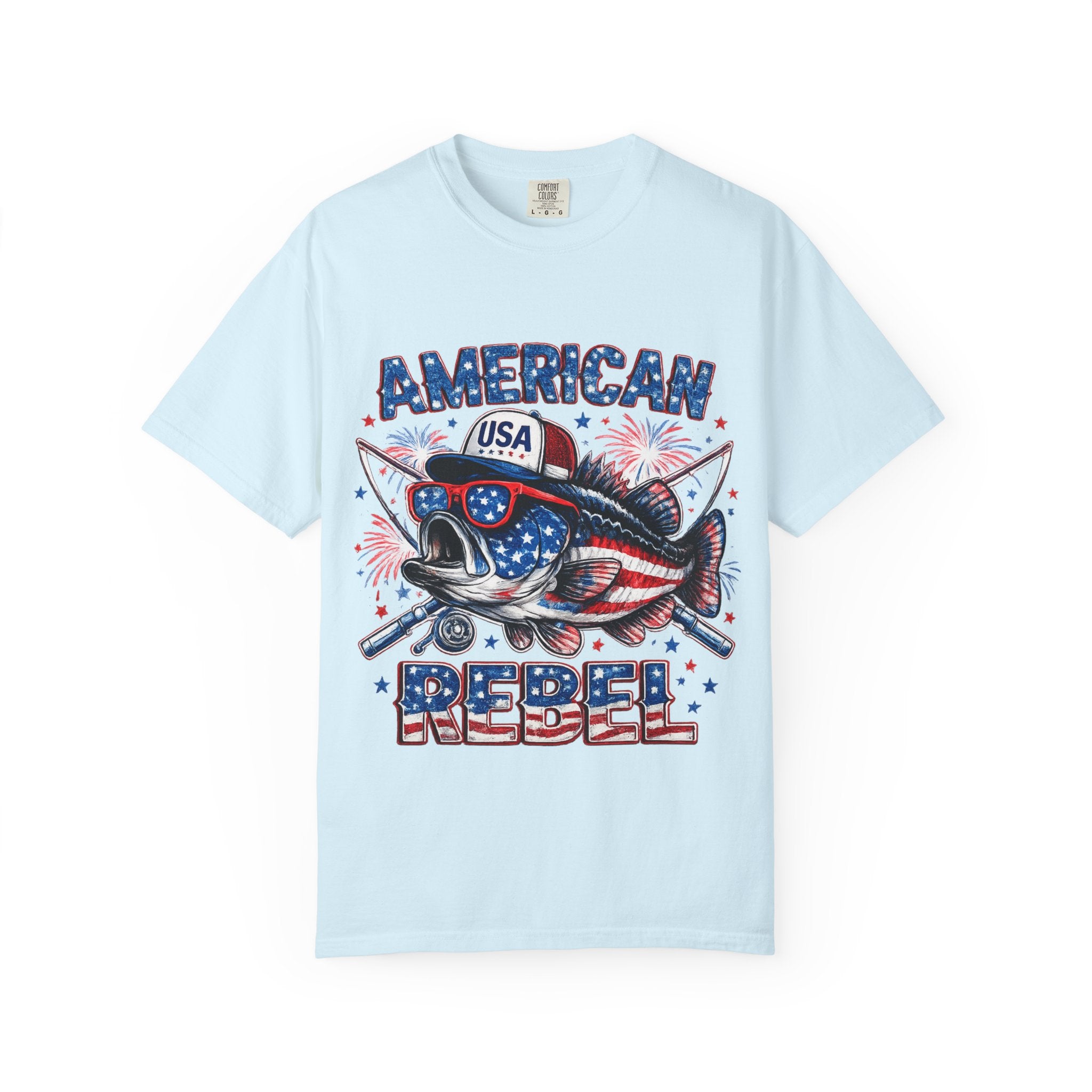 American Rebel Shark Graphic T-Shirt | USA Flag Sunglasses, Fireworks