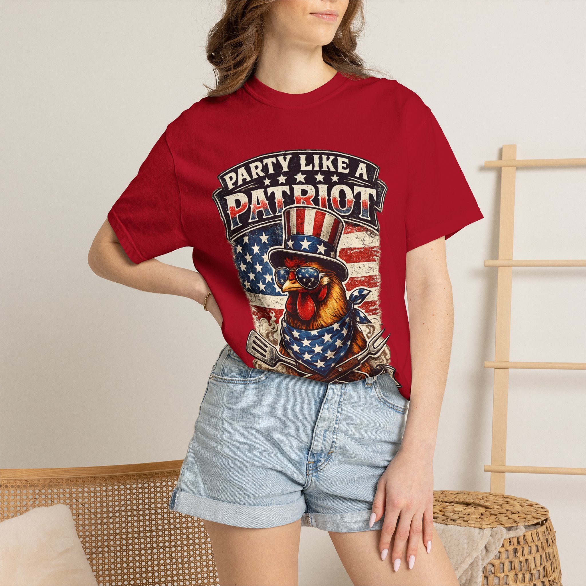 Party Like a Patriot rooster Born to Grill T-Shirt | American BBQ flag