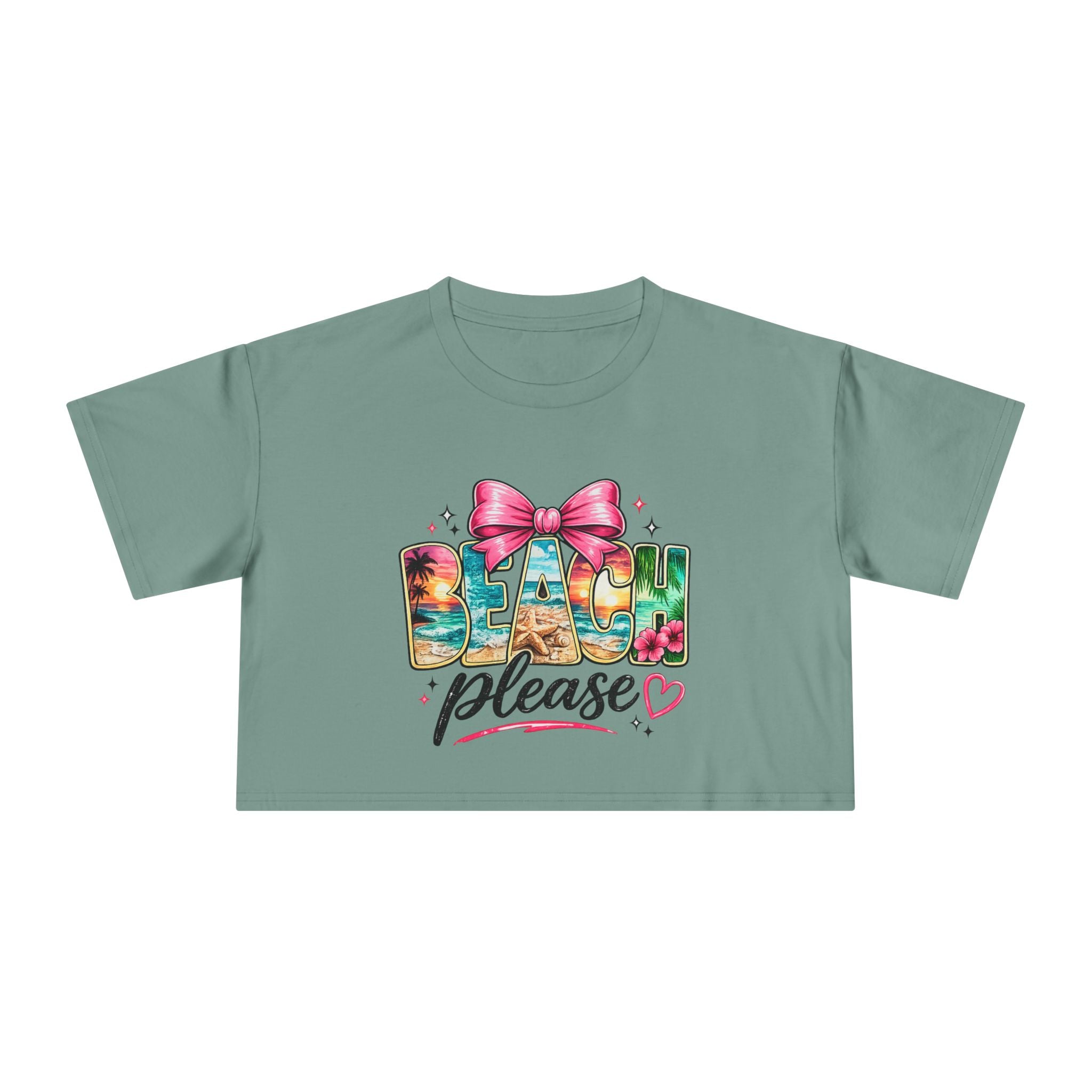 Beach Please graphic Crop Tee | tropical letters, pink bow