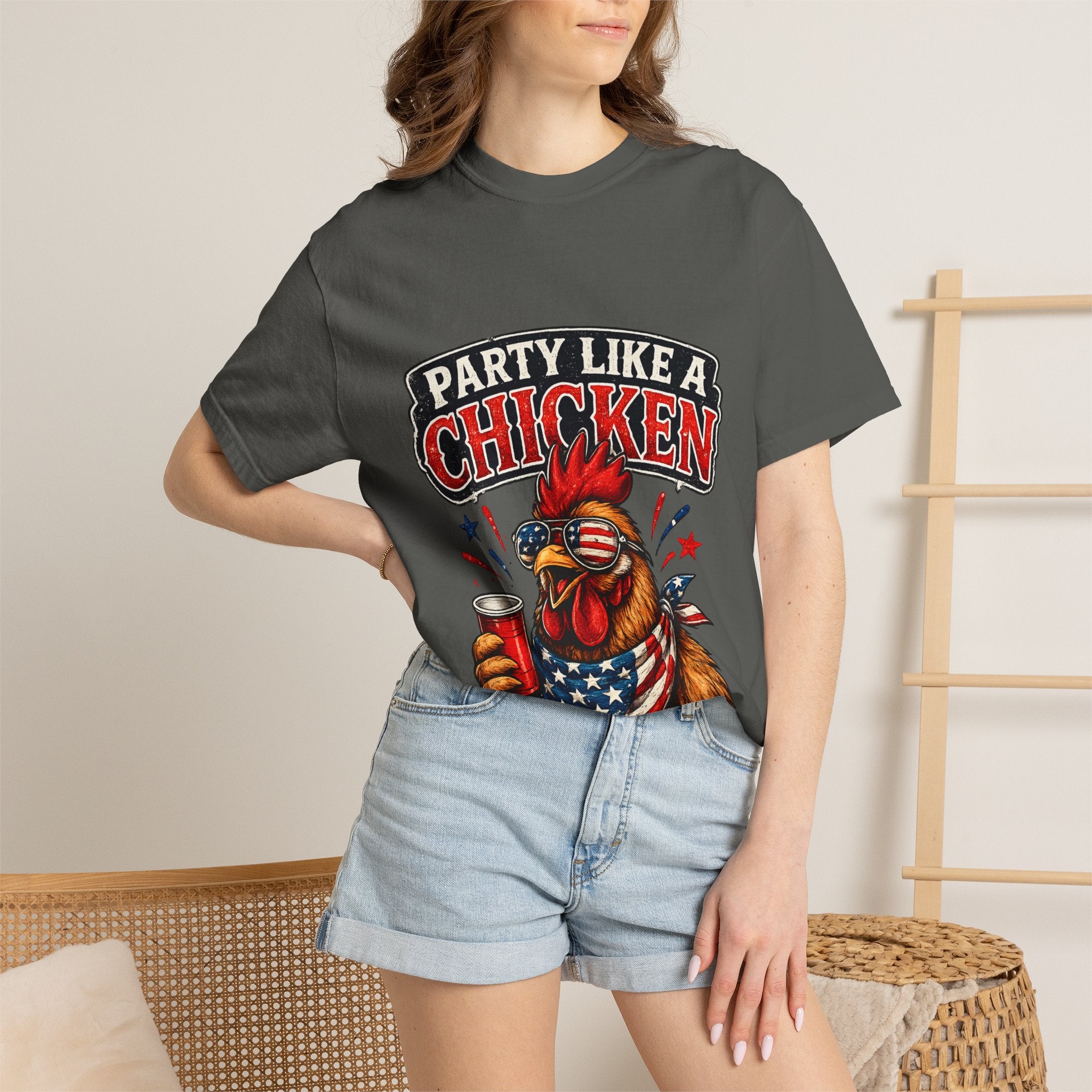 Party Like a Chicken T-shirt | Rooster Drinking Beer, American Flag Bandana, Patriotic Humor