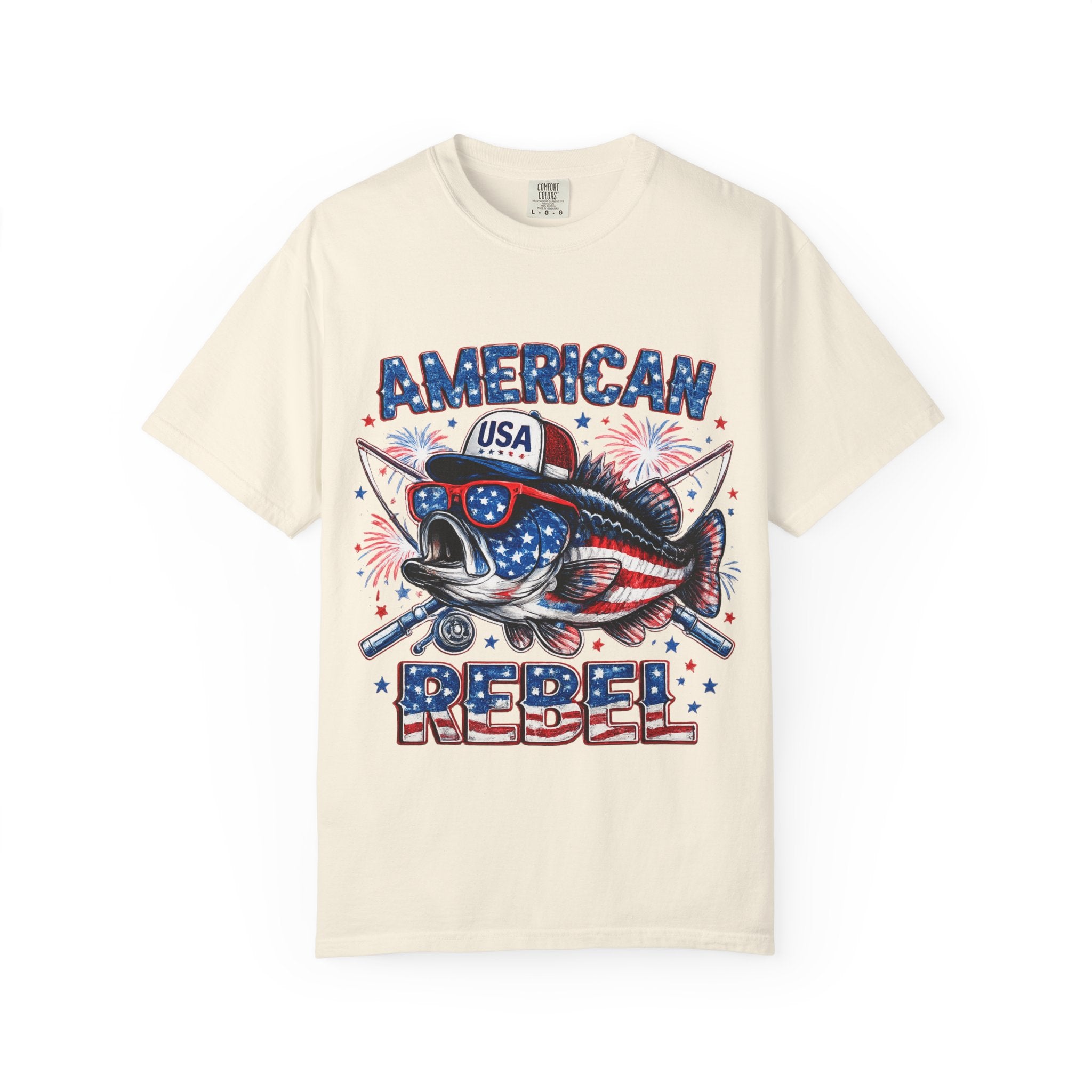 American Rebel Shark Graphic T-Shirt | USA Flag Sunglasses, Fireworks