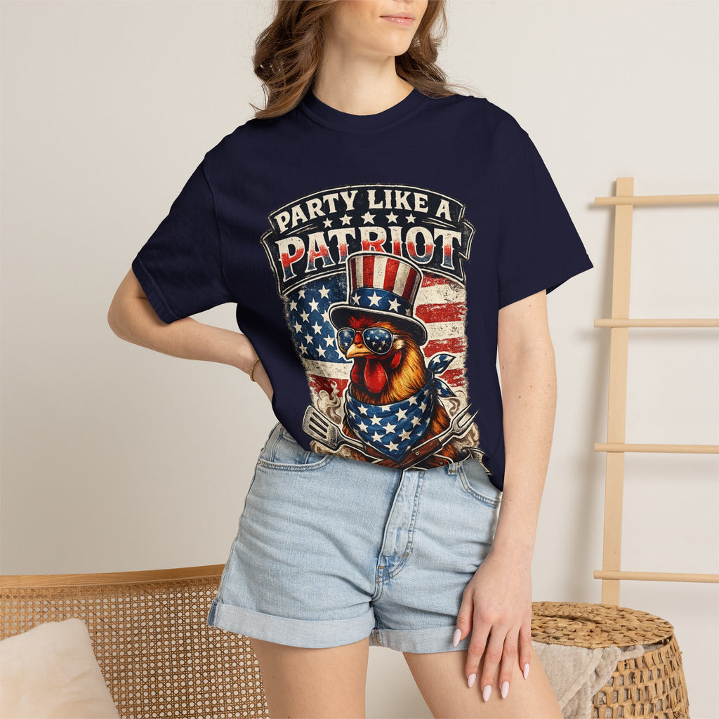 Party Like a Patriot rooster Born to Grill T-Shirt | American BBQ flag