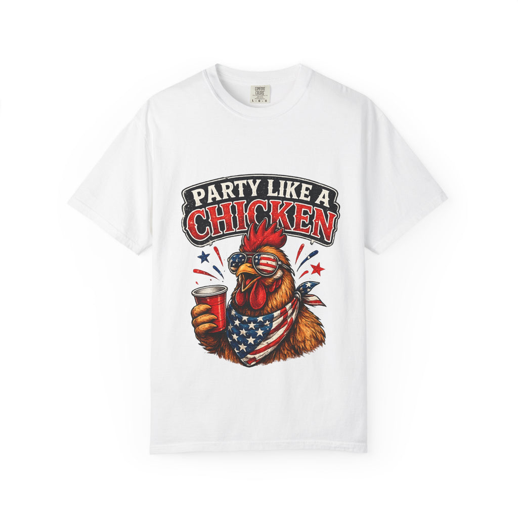 Party Like a Chicken T-shirt | Rooster Drinking Beer, American Flag Bandana, Patriotic Humor