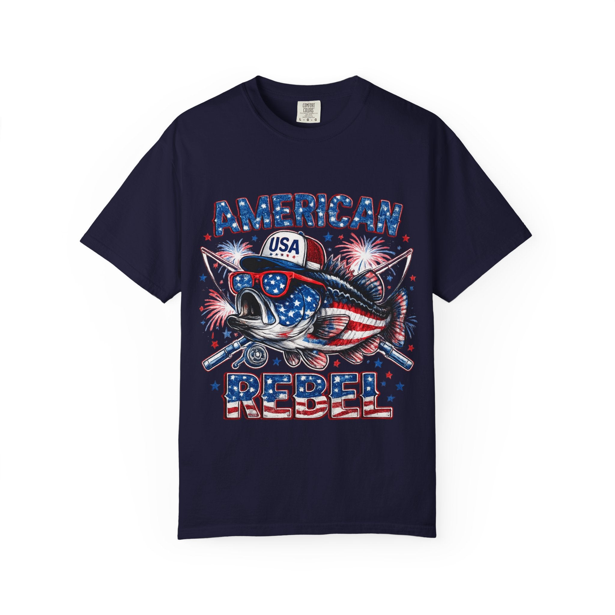 American Rebel Shark Graphic T-Shirt | USA Flag Sunglasses, Fireworks