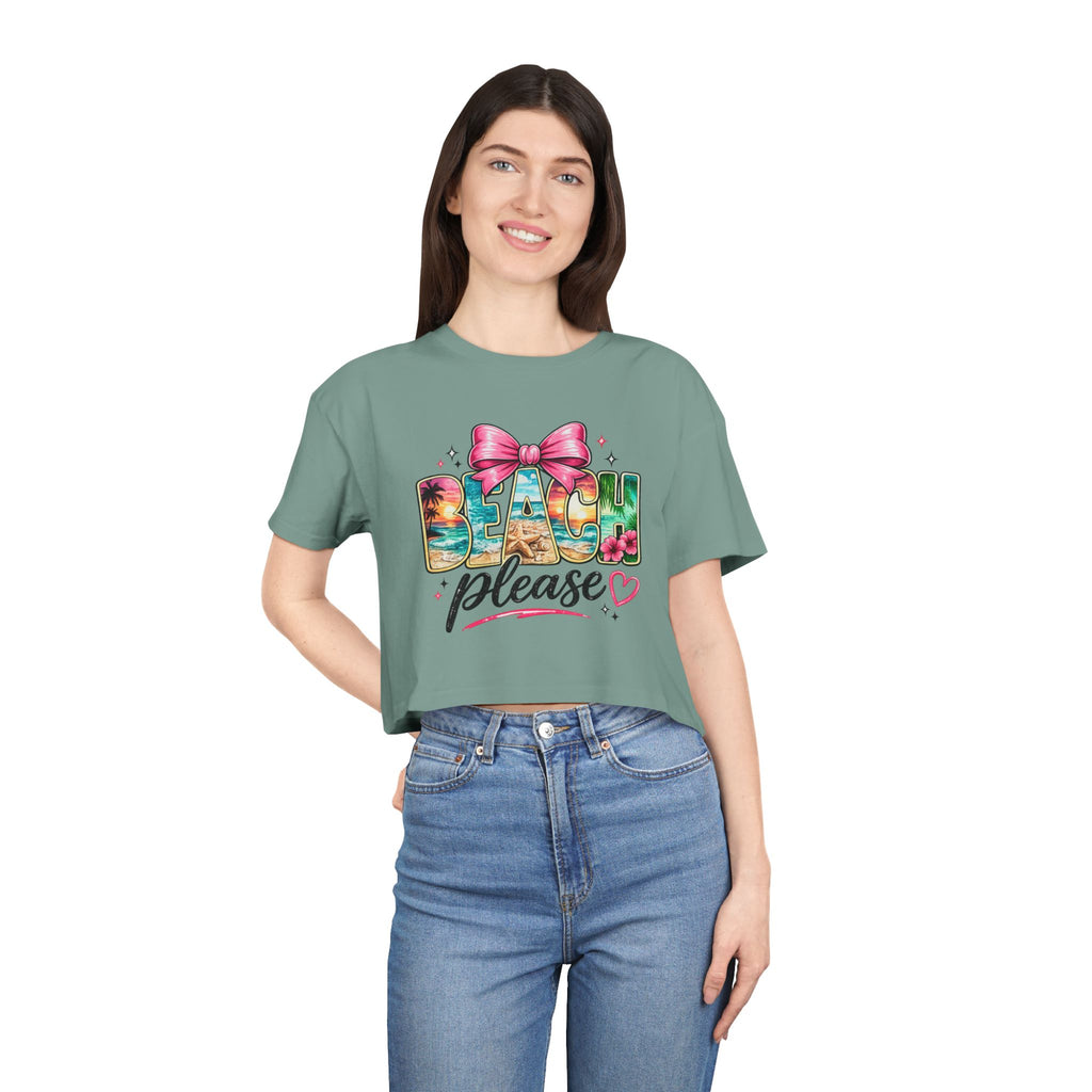 Beach Please graphic Crop Tee | tropical letters, pink bow