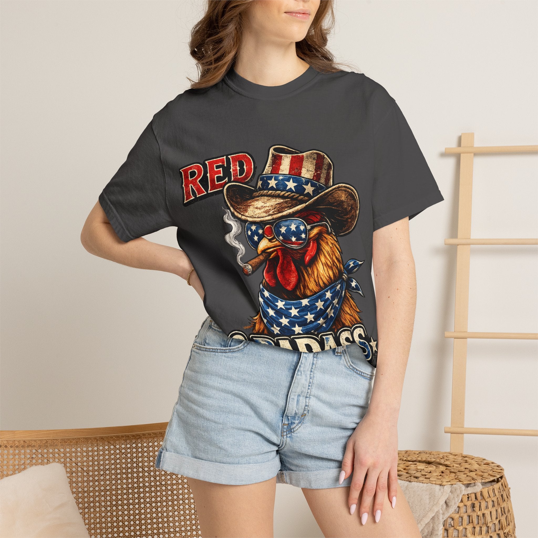 Red & Badass Rooster T-Shirt | Patriotic Cowboy Chicken Graphic
