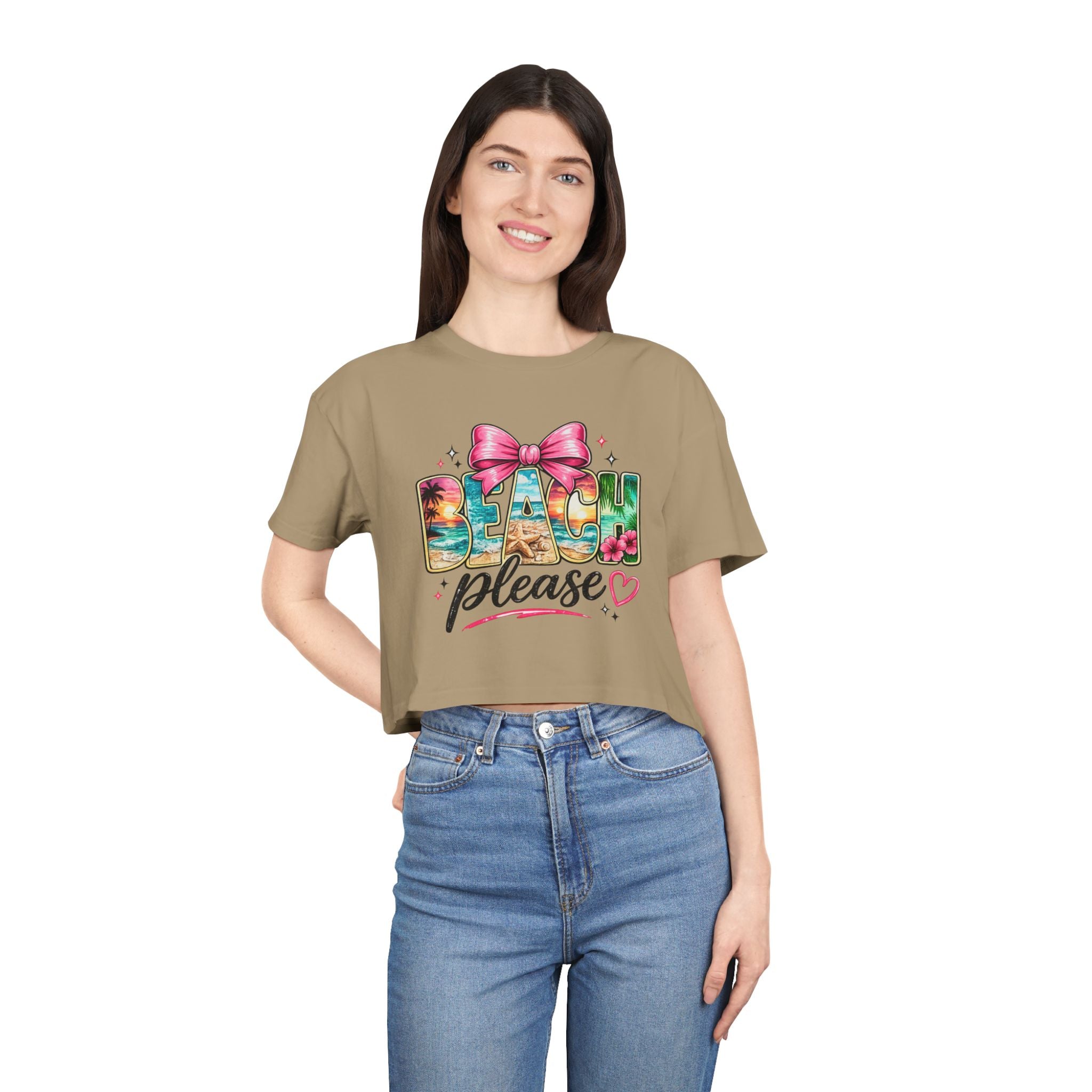 Beach Please graphic Crop Tee | tropical letters, pink bow