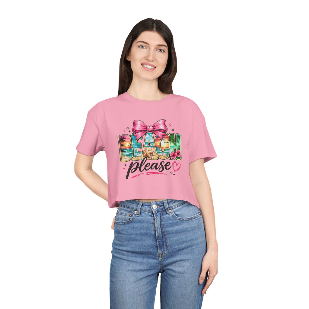Beach Please graphic Crop Tee | tropical letters, pink bow
