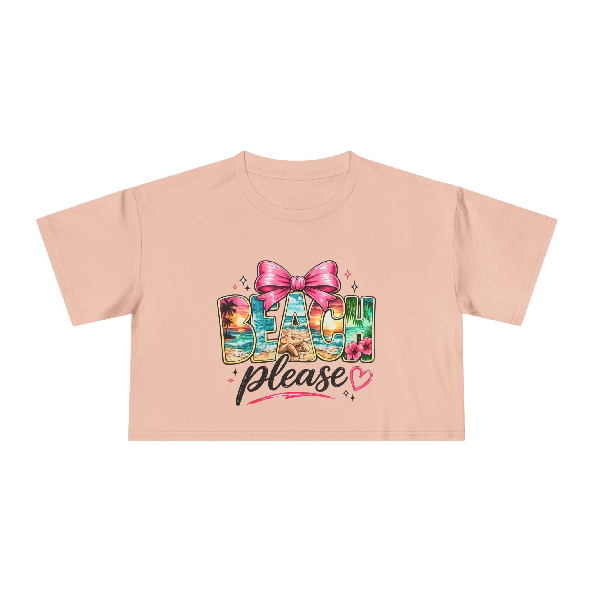 Beach Please graphic Crop Tee | tropical letters, pink bow