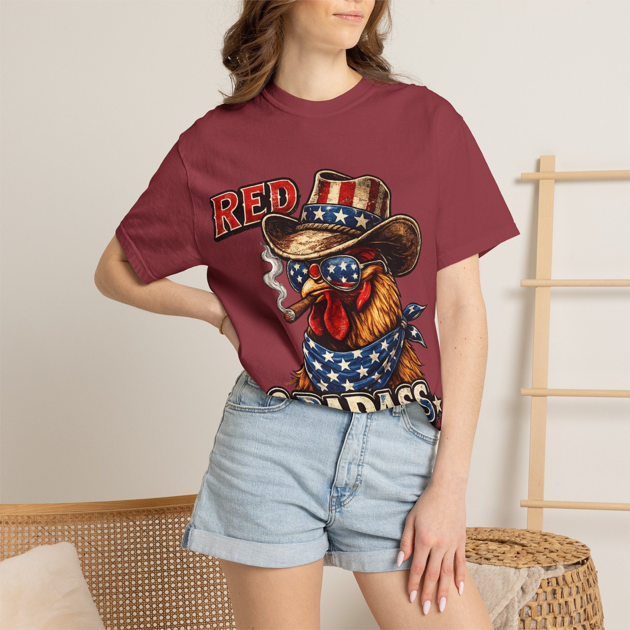 Red & Badass Rooster T-Shirt | Patriotic Cowboy Chicken Graphic