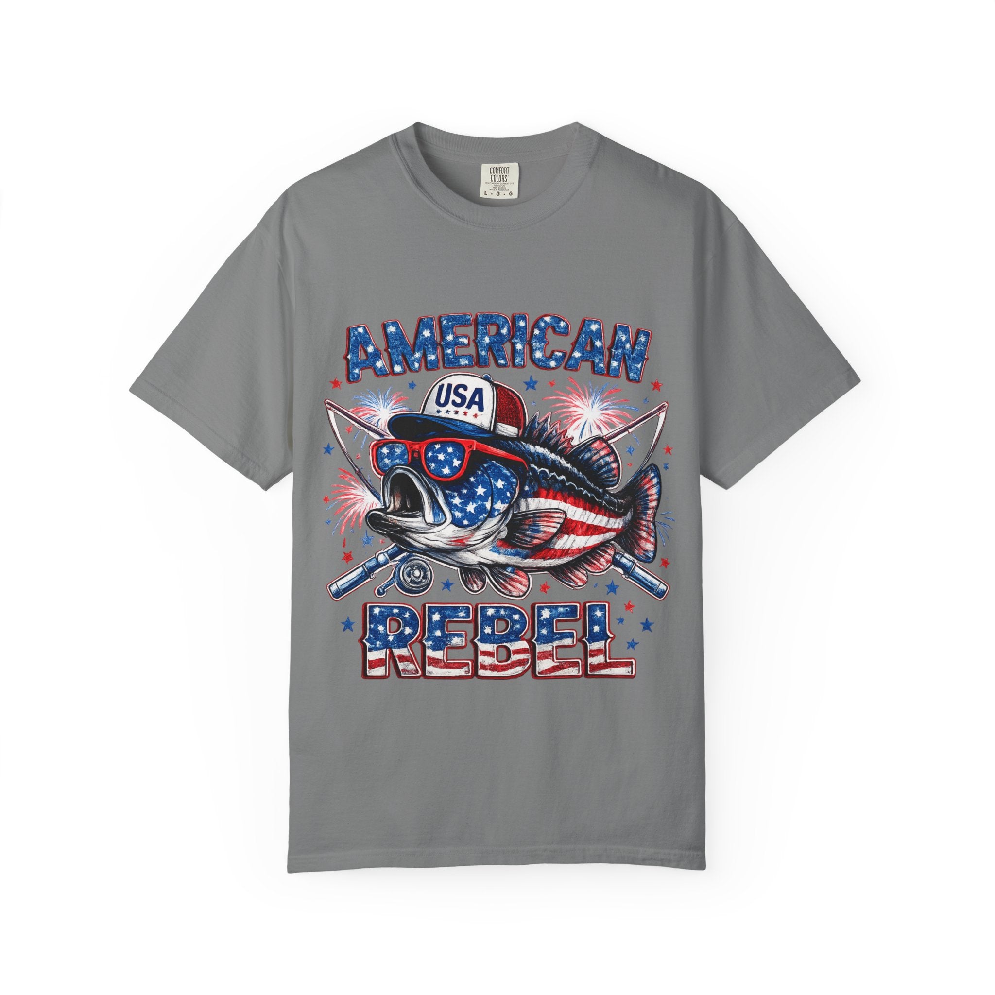 American Rebel Shark Graphic T-Shirt | USA Flag Sunglasses, Fireworks