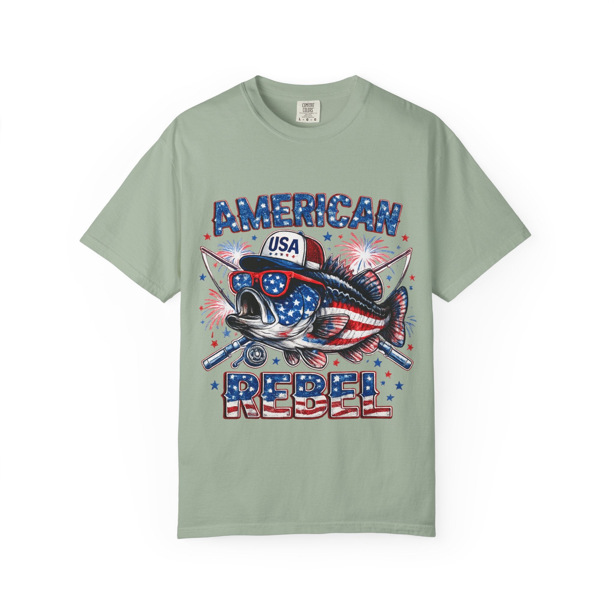 American Rebel Shark Graphic T-Shirt | USA Flag Sunglasses, Fireworks