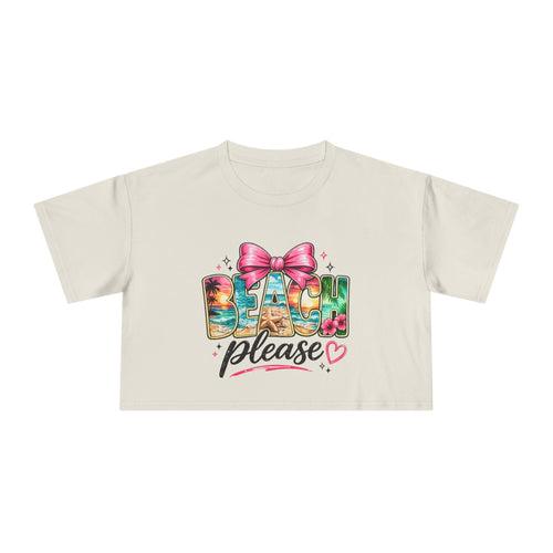 Beach Please graphic Crop Tee | tropical letters, pink bow