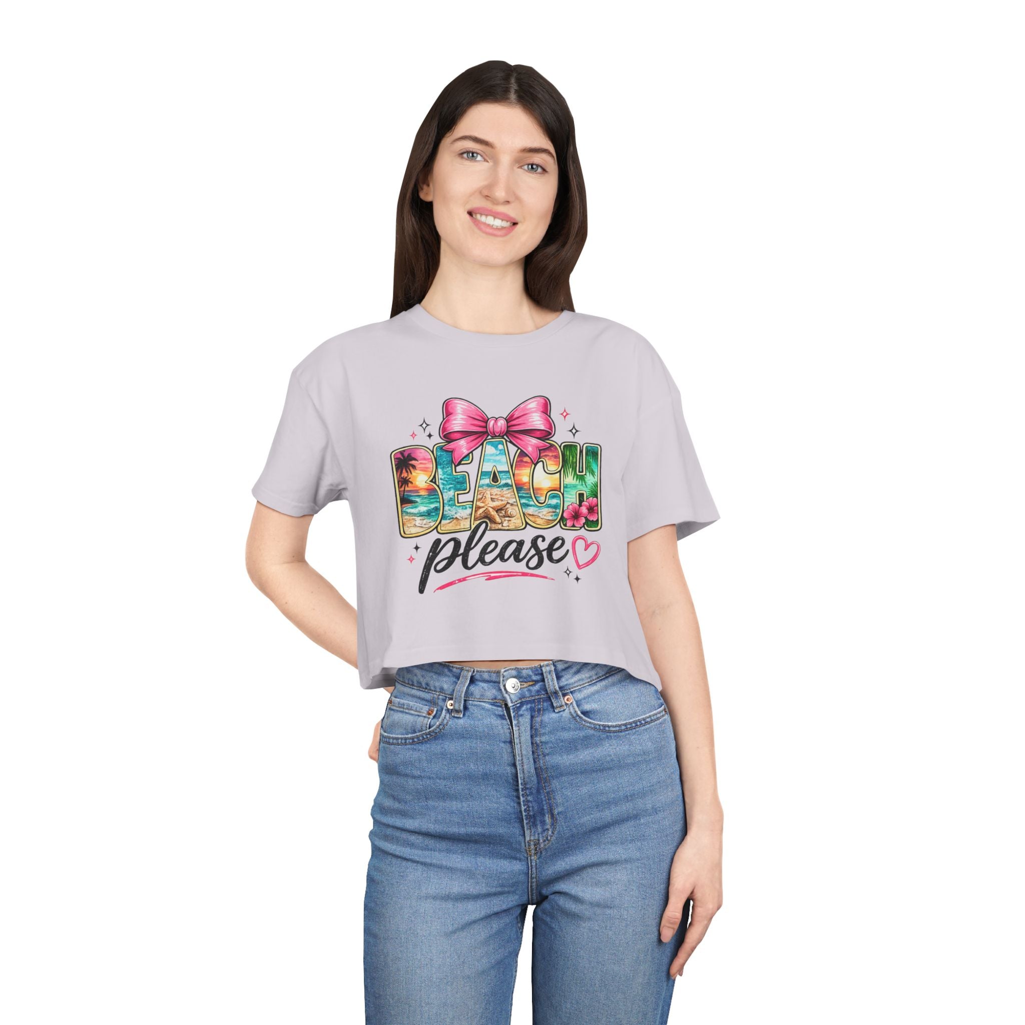 Beach Please graphic Crop Tee | tropical letters, pink bow