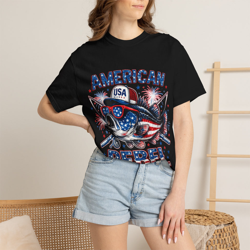 American Rebel Shark Graphic T-Shirt | USA Flag Sunglasses, Fireworks