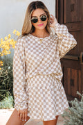 Khaki Checkered Long Sleeve Crop Top High Waist Skort 2pcs Set